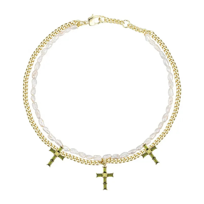 Pearl & Cross Pendant Double Necklace